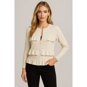 ANN TAYLOR CREAM SHIMMERING RUFFLED SWEATER CAREER CLASSIC CARDIGAN SIZE: XL NWT